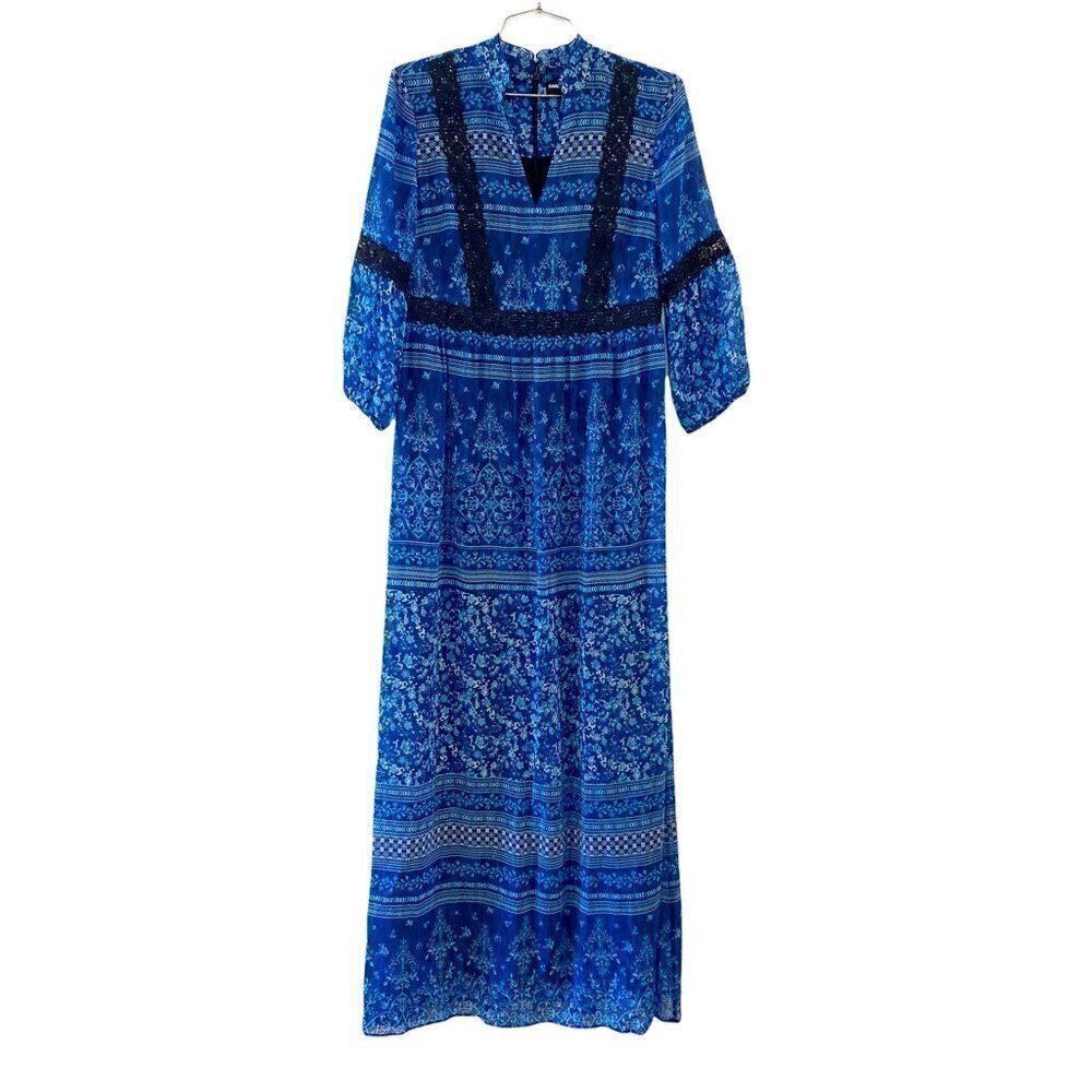 Karl Lagerfeld Paris Womens Shift Dress Blue Floral Notch Neck Bishop Sleeve 4